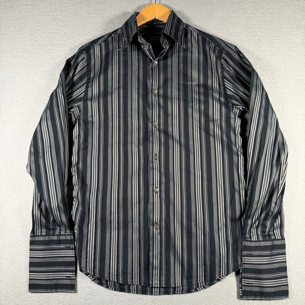 Theory Mens Black Grey Striped Button‎ Front Shirt Long Sleeve Wide Cuff Small